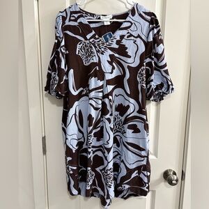 Cynthia Rowley Brown and Light Blue Floral Linen Blend Puff Sleeve Flowy Dress